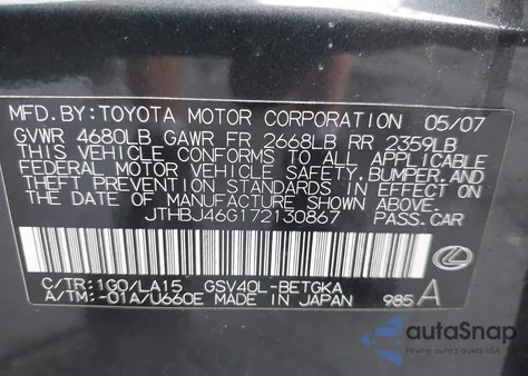 2007 Lexus Es 350 z USA, uszkodzony, nr VIN JTHBJ46G172130867